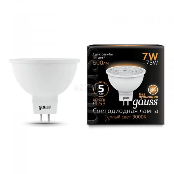 Лампа світлодіодна Gauss 101505107 потужністю 7W з серії Black. Типорозмір — MR16 з цоколем GU5.3, температура кольору — 3000K
