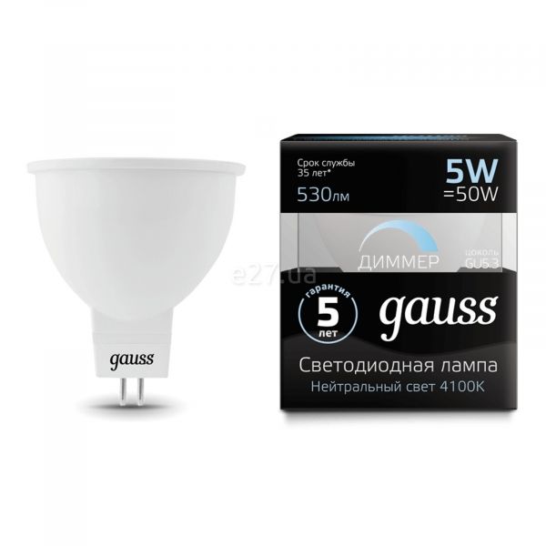 Лампа світлодіодна  сумісна з димером Gauss 101505205-D потужністю 5W. Типорозмір — MR16 з цоколем GU5.3, температура кольору — 4100