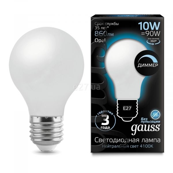 Лампа світлодіодна  сумісна з димером Gauss 102202210-D потужністю 10W з серії Filament. Типорозмір — A60 з цоколем E27, температура кольору — 4100K