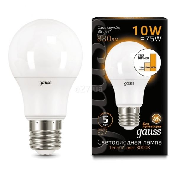 Лампа світлодіодна  сумісна з димером Gauss 102502110-S потужністю 10W. Типорозмір — A60 з цоколем E27, температура кольору — 3000K