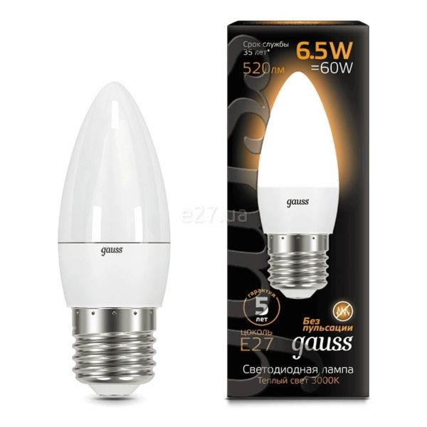 Лампа світлодіодна Gauss 103102107 потужністю 6.5W з серії Black. Типорозмір — C37 з цоколем E27, температура кольору — 3000K