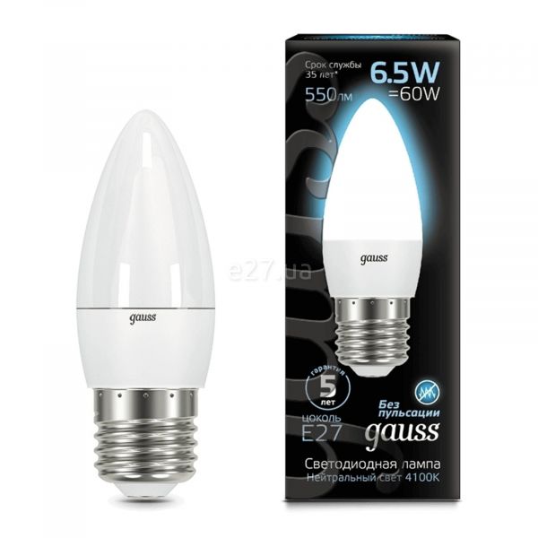 Лампа світлодіодна Gauss 103102207 потужністю 6.5W з серії Black. Типорозмір — C37 з цоколем E27, температура кольору — 4100K