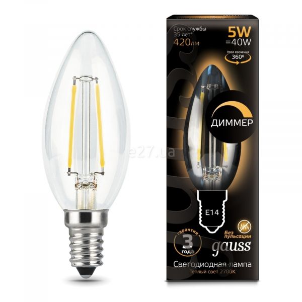 Лампа світлодіодна  сумісна з димером Gauss 103801105-D потужністю 5W з серії Black. Типорозмір — C35 з цоколем E14, температура кольору — 2700K