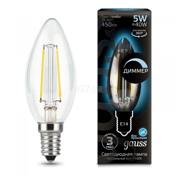Лампа світлодіодна  сумісна з димером Gauss 103801205-D потужністю 5W з серії Filament. Типорозмір — C35 з цоколем E14, температура кольору — 4100K