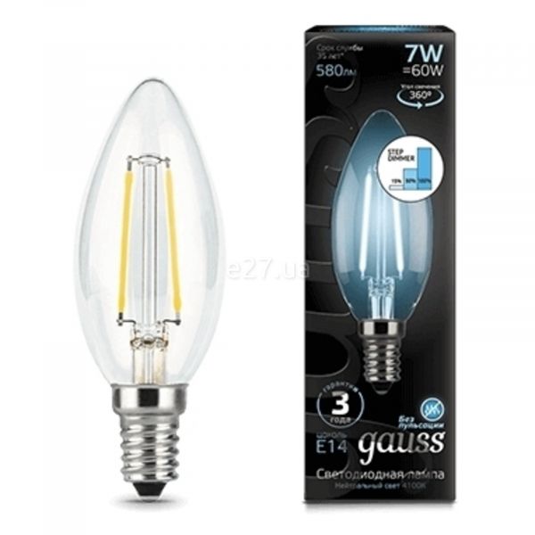 Лампа світлодіодна  сумісна з димером Gauss 103801207-S потужністю 7W з серії Filament. Типорозмір — C35 з цоколем E14, температура кольору — 4100K