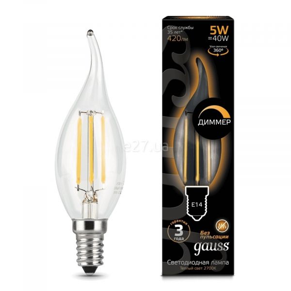 Лампа світлодіодна  сумісна з димером Gauss 104801105-D потужністю 5W з серії Filament. Типорозмір — CA35 з цоколем E14, температура кольору — 2700K
