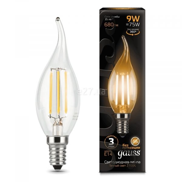 Лампа світлодіодна Gauss 104801109 потужністю 9W з серії Filament. Типорозмір — CA35 з цоколем E14, температура кольору — 2700K