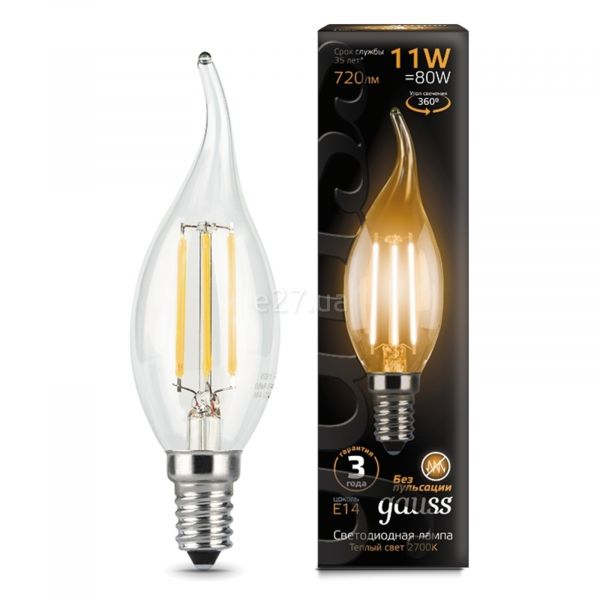 Лампа світлодіодна Gauss 104801111 потужністю 11W з серії Filament. Типорозмір — CA35 з цоколем E14, температура кольору — 2700K