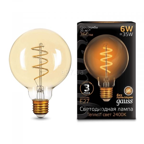 Лампа світлодіодна Gauss 105802007 потужністю 6W з серії Filament. Типорозмір — G95 з цоколем E27, температура кольору — 2400K