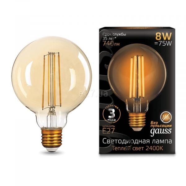 Лампа світлодіодна Gauss 105802008 потужністю 8W з серії Filament. Типорозмір — G95 з цоколем E27, температура кольору — 2400K