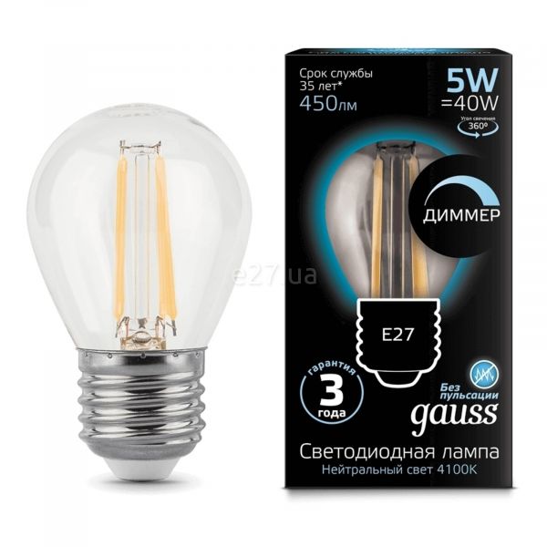 Лампа світлодіодна  сумісна з димером Gauss 105802205-D потужністю 5W з серії Black. Типорозмір — G45 з цоколем E27, температура кольору — 4100K