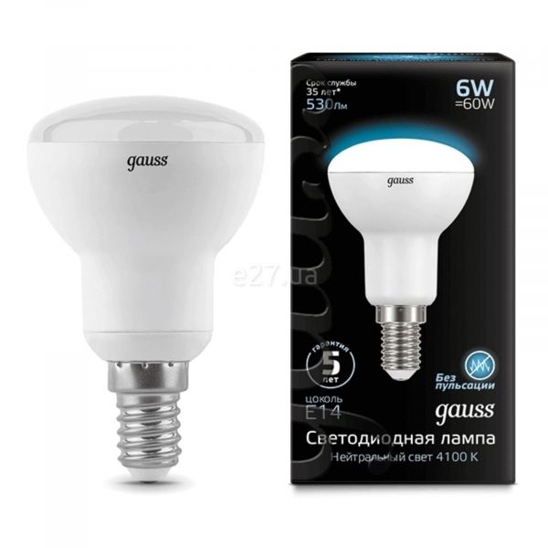 Лампа светодиодная Gauss 106001206 мощностью 6W из серии Black. Типоразмер — R50 с цоколем E14, температура цвета — 4100K