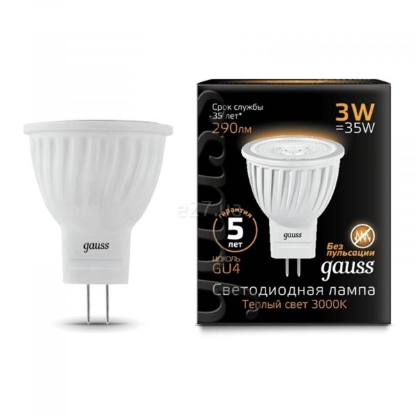 Лампа світлодіодна Gauss 132517103 потужністю 3W. Типорозмір — MR11 з цоколем GU4, температура кольору — 3000K