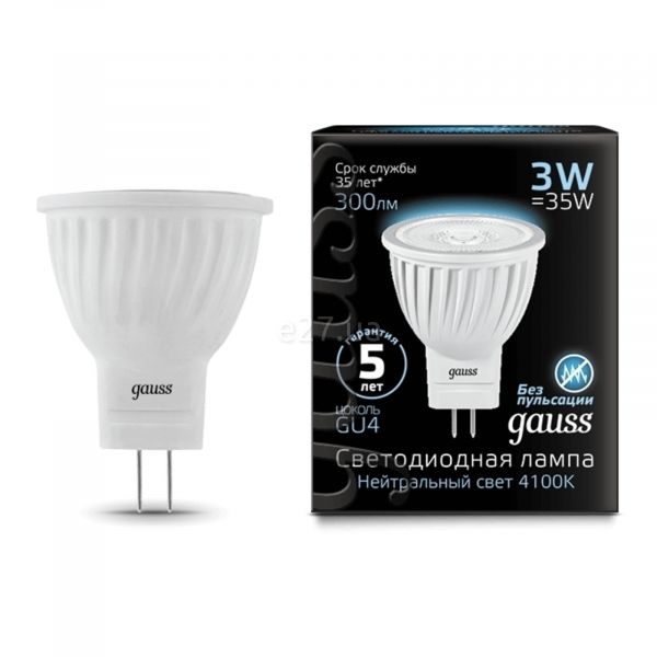 Лампа світлодіодна Gauss 132517203 потужністю 3W. Типорозмір — MR11 з цоколем GU4, температура кольору — 4100