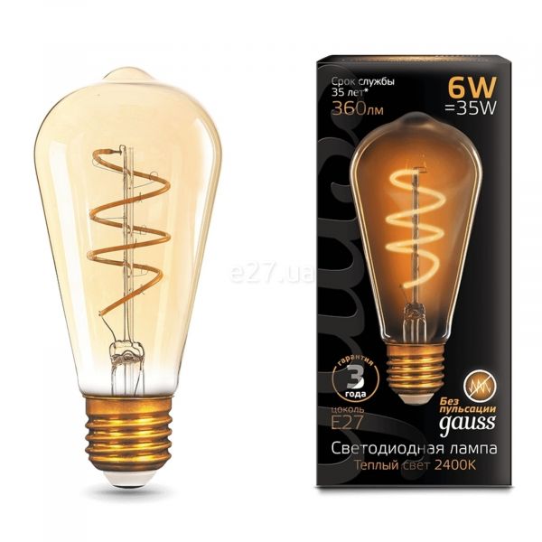 Лампа світлодіодна Gauss 157802006 потужністю 6W з серії Filament. Типорозмір — ST64 з цоколем E27, температура кольору — 2400K