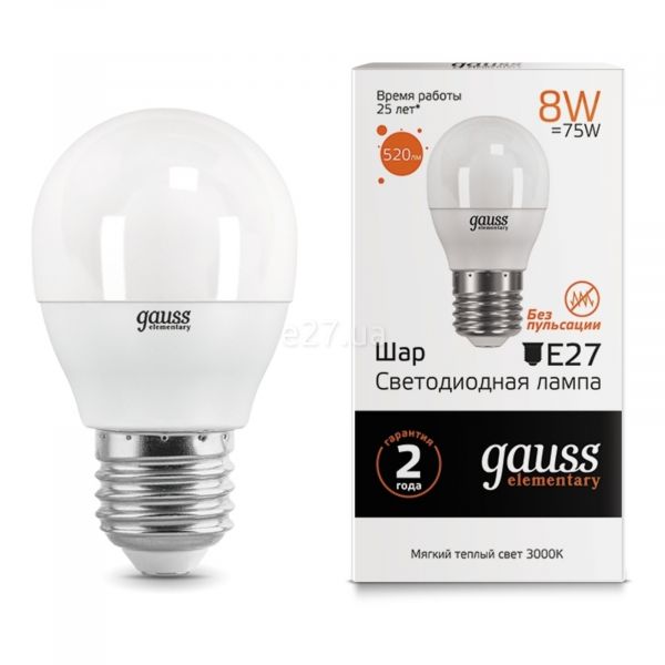 Лампа світлодіодна Gauss 53218 потужністю 8W з серії Elementary. Типорозмір — G45 з цоколем E27, температура кольору — 3000K