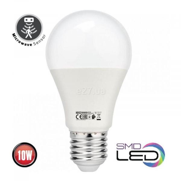 Лампа з датчиком руху Horoz Electric 001-067-0010-030 потужністю 10W з серії Force. Типорозмір — A60 з цоколем E27, температура кольору — 4200K