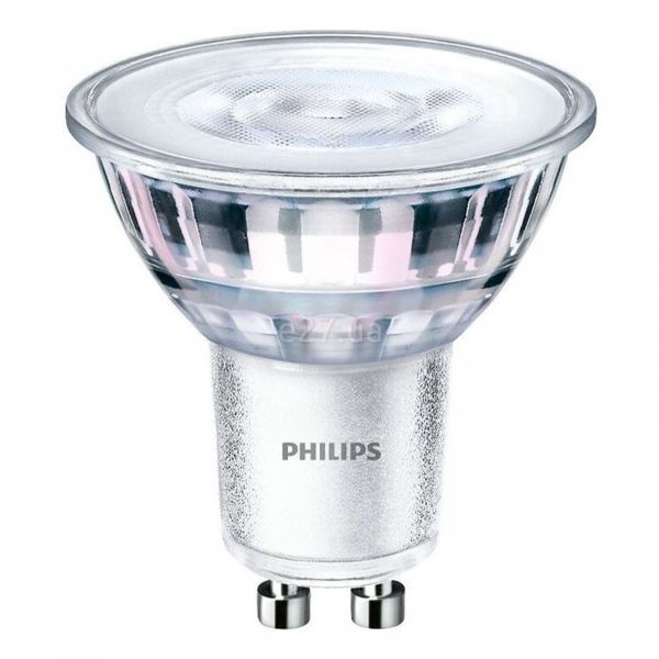 Лампа світлодіодна Philips 929001215208 потужністю 4.6W з серії Essential. Типорозмір — PAR16 з цоколем GU10, температура кольору — 2700K